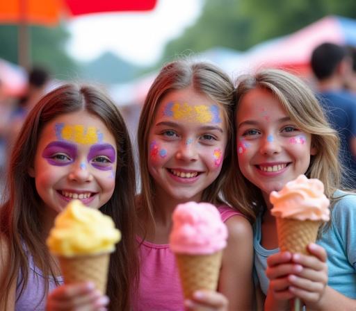 Kinderen met geschminkte gezichten eten een ijsje op de markt.
