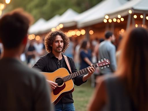 Een gitarist speelt muziek voor een ontspannen publiek op de markt.