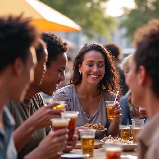 Lachende mensen die samen genieten van eten en drinken op de markt.