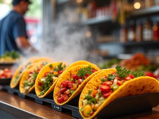Een kleurrijke streetfood kraam die verse taco's bereidt.